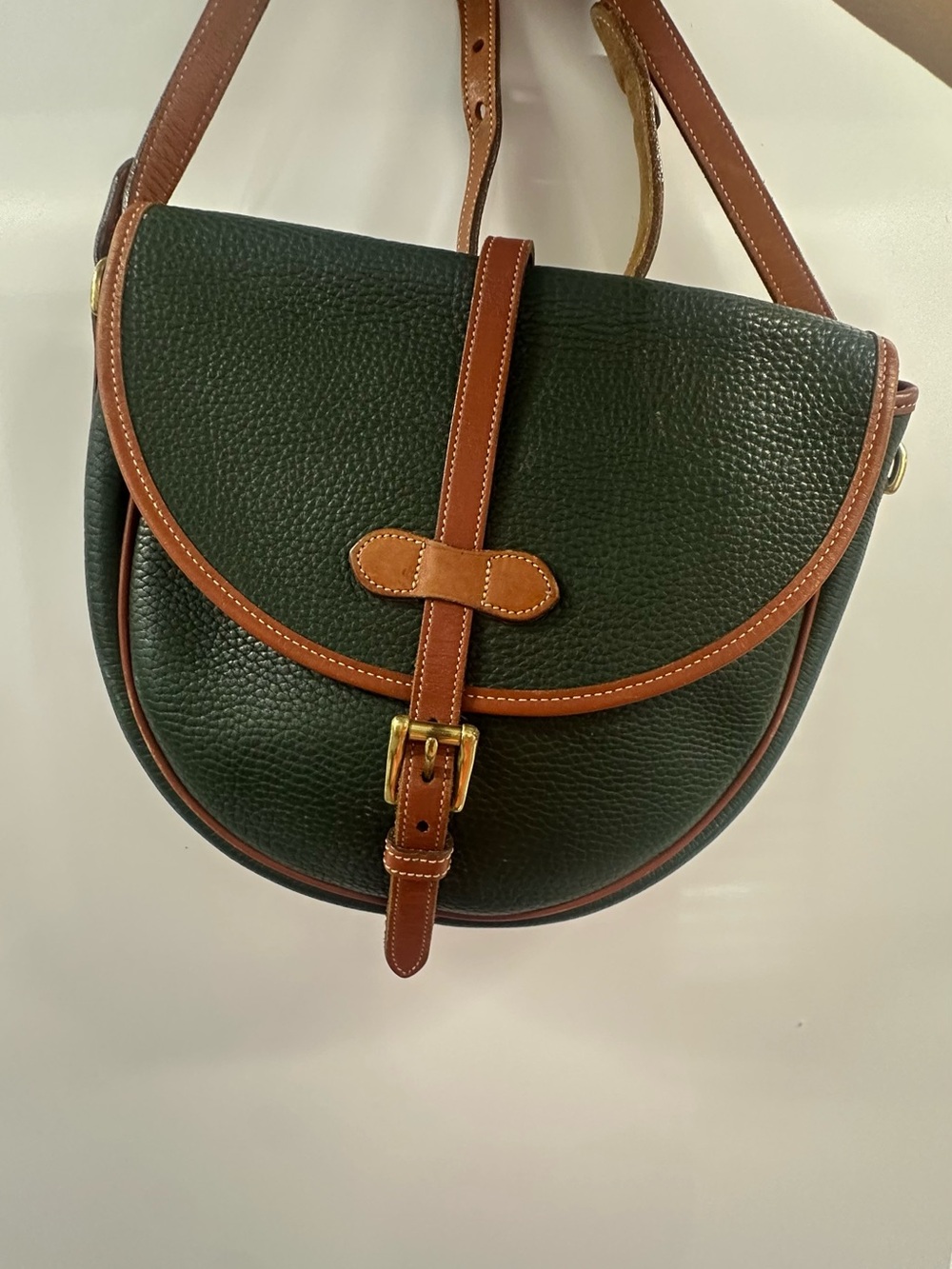 Vintage Dooney & Bourke Green Pebbled Leather Saddle Bag with Brown Trim